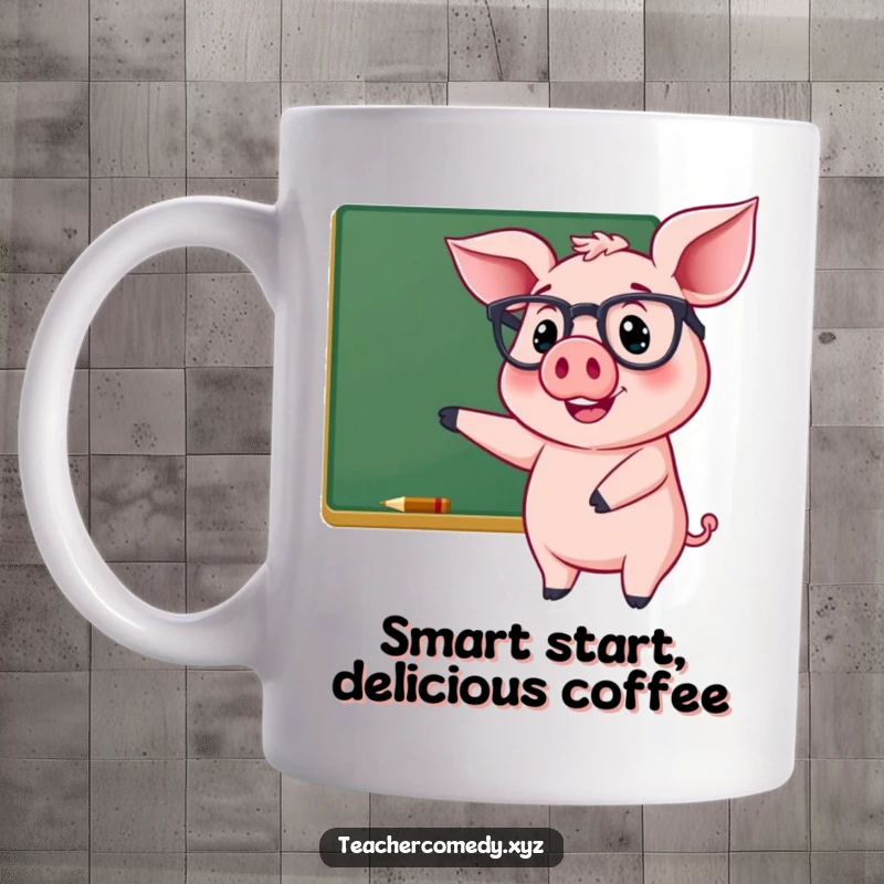 Funny mug with a cheerful pig wearing glasses, smiling and pointing at a chalkboard, symbolizing knowledge and fun.