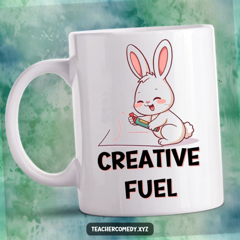 Funny rabbit artist mug showing a giggling rabbit enthusiastically writing on a giant piece of paper with a crayon.