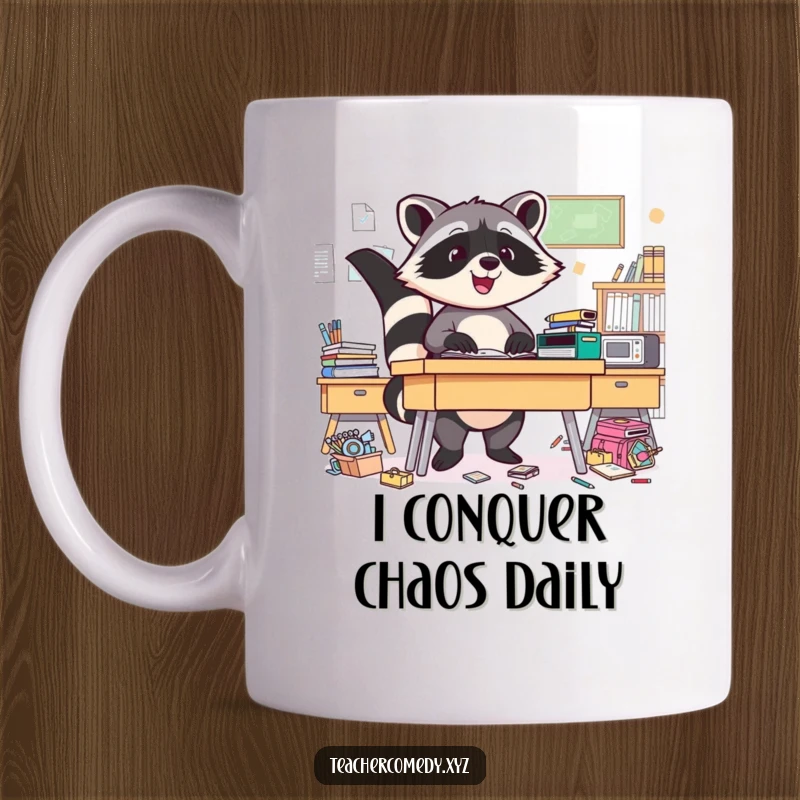 Funny Raccoon Mug: Triumphant raccoon hero proudly displays a tidied chaotic classroom desk, a symbol of successful organization.