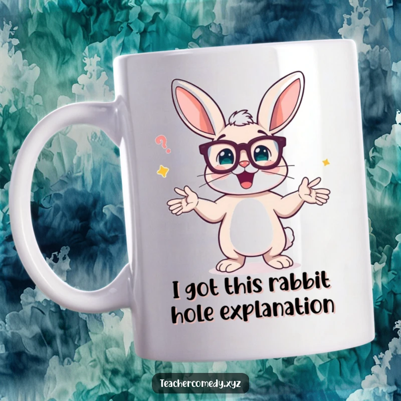 Funny mug with a bunny wearing spectacles, wildly gesturing to explain a complex concept with animated enthusiasm.