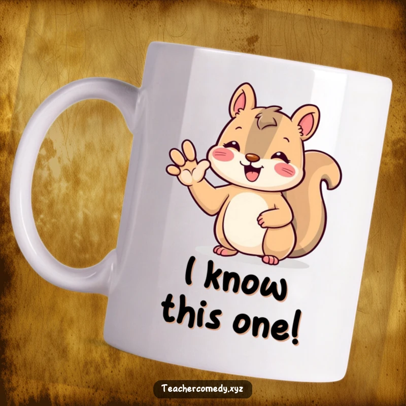 Funny kawaii squirrel mug with a beaming smile, raising its paw to answer a question, showcasing cute and helpful personality.