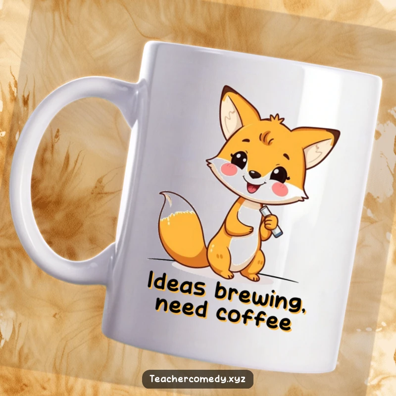 Funny kawaii fox enthusiastically writing on a whiteboard with chalk, symbolizing productive study and creative ideas, perfect mug gift.