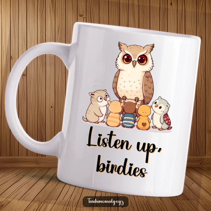 Funny mug featuring a wise owl whispering advice to a group of attentive young animals, symbolizing mentorship and learning.