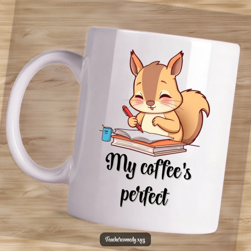 Funny mug showing a focused squirrel meticulously grading papers with a tiny red pen, symbolizing humorous academic effort.