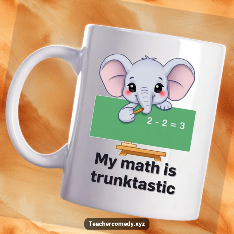 Funny elephant mug with a smiling face pointing at a blackboard equation, illustrating intelligence and humor.