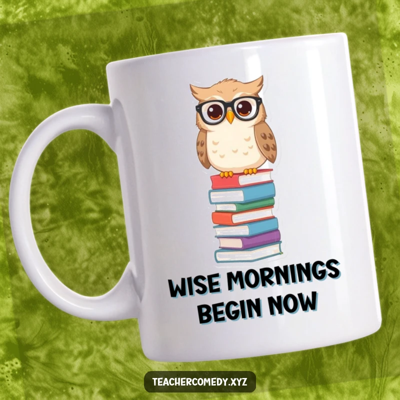 Funny owl mug with spectacles perched on a tall stack of books, symbolizing knowledge and intellectual humor.