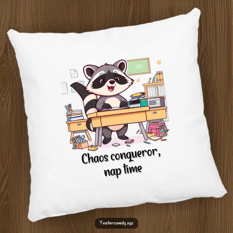 Funny Raccoon Pillow: A triumphant raccoon is depicted tidying a messy desk, offering comfort and humor.