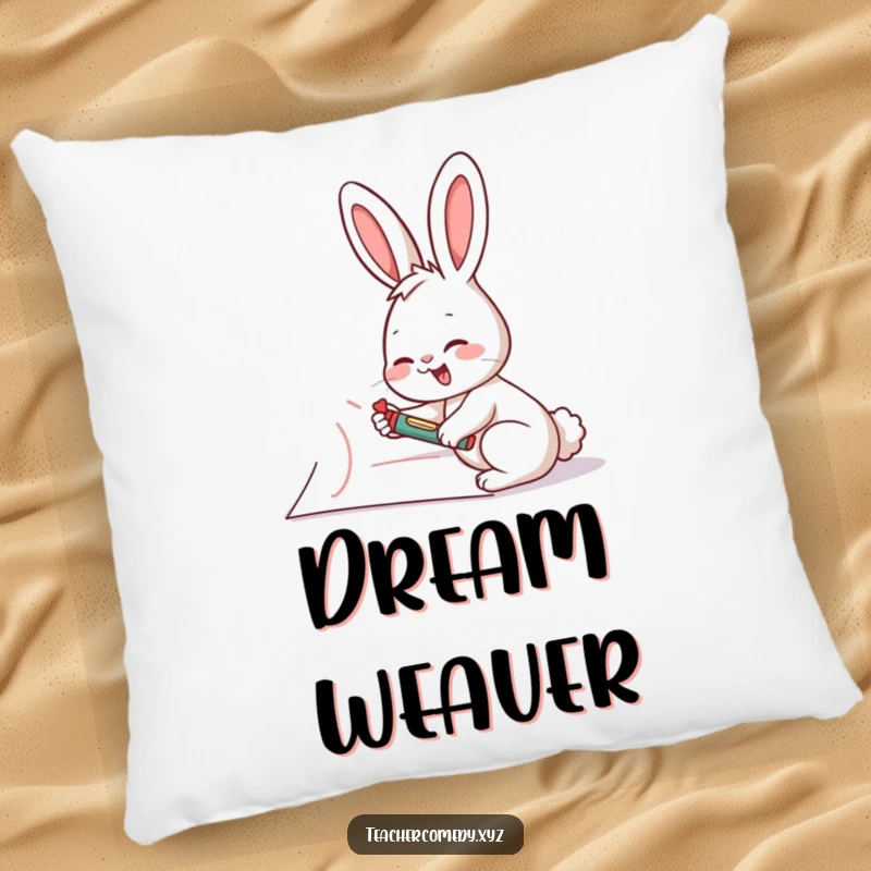 Funny rabbit artist pillow, showing a giggling rabbit writing on a giant piece of paper with a crayon, a comfortable accent.