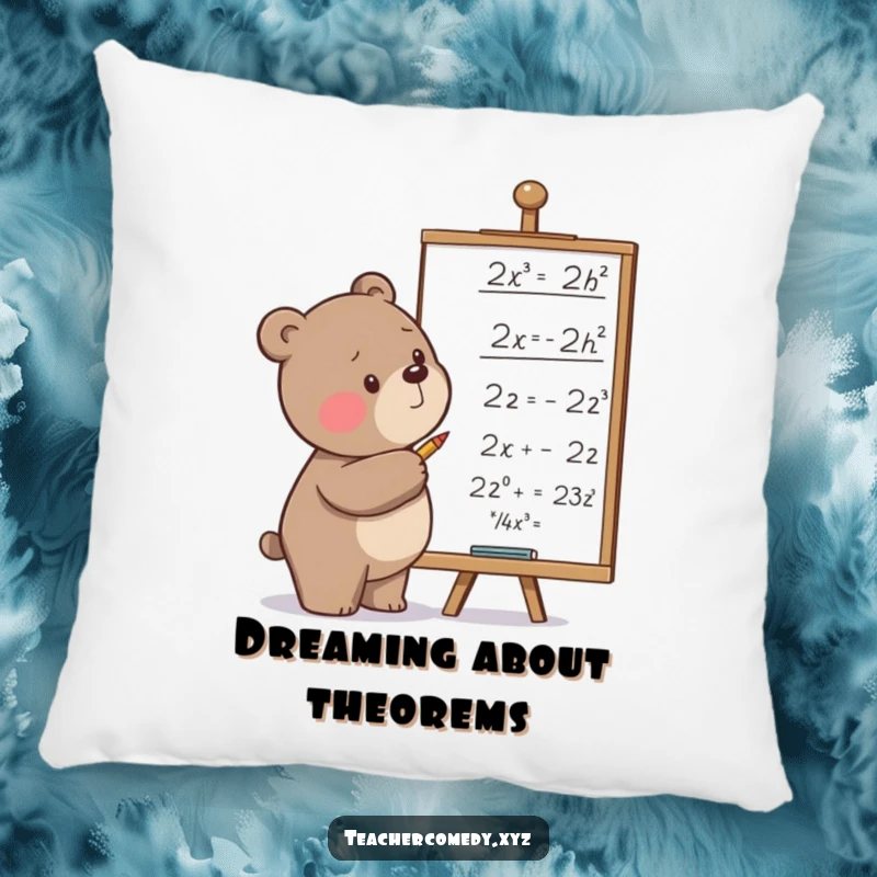 Funny pillow showcasing a determined bear scribbling equations on a whiteboard, offering comfort and a humorous decorative accent for study spaces.