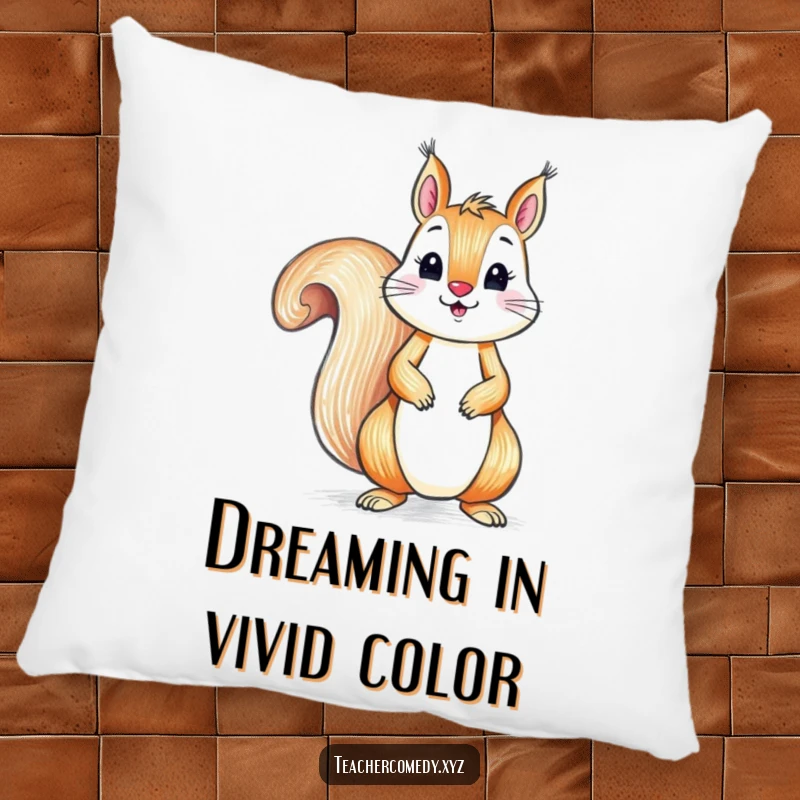 Funny pillow with a playful squirrel diligently drawing with a crayon on a large paper, offering a soft, humorous artistic touch.