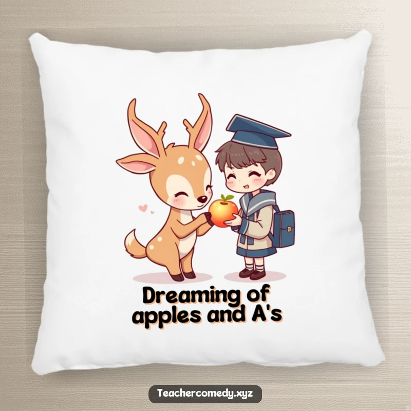 Funny pillow with a sweet scene of a deer sharing a radiant apple with a student, perfect for a cozy, studious nook.