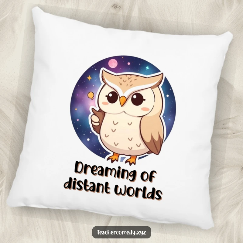 Funny Huffy Owl Pillow: A soft pillow featuring a grumpy owl pointing at a galaxy map, ideal for comfort and humor.