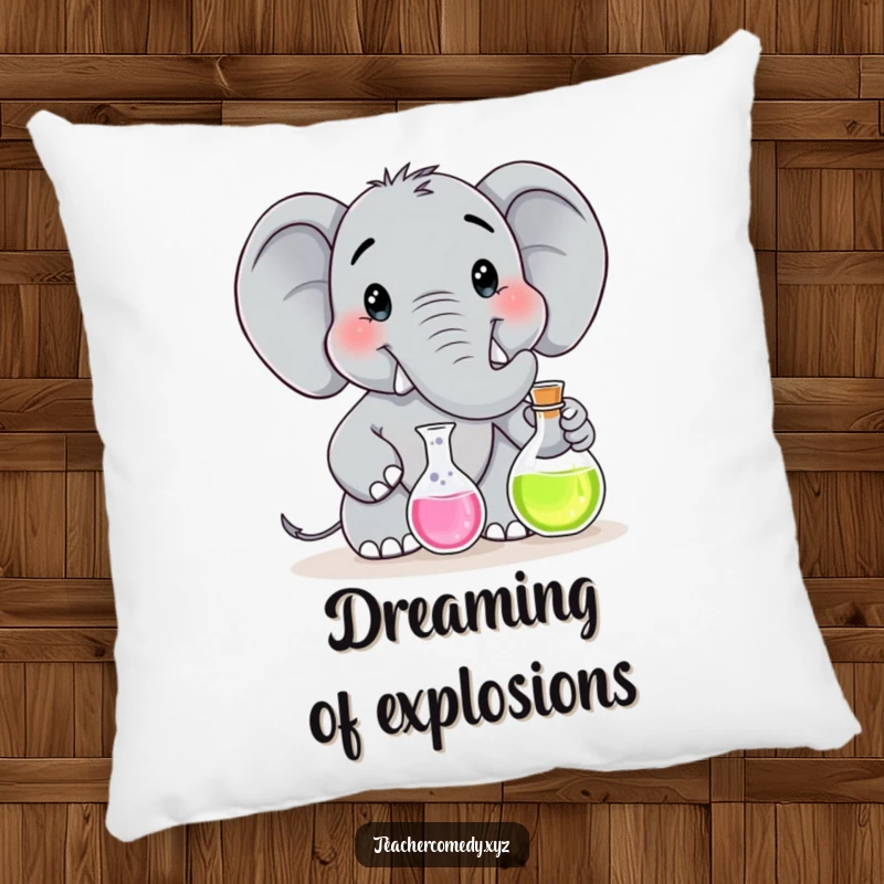 Funny pillow showcasing a smiling elephant character dressed as a scientist, holding a flask during an experiment.