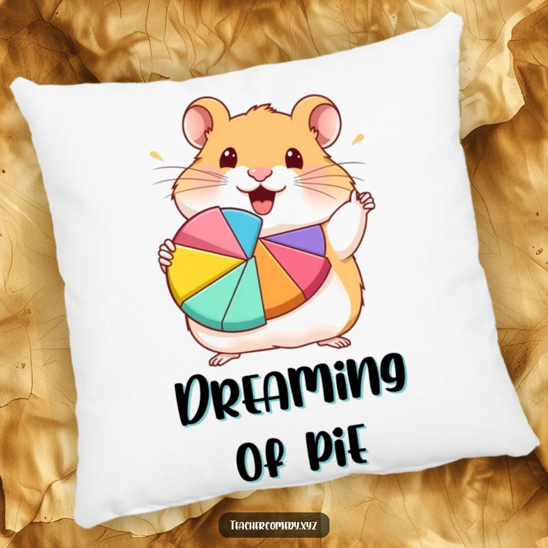 Funny hamster character enthusiastically showing a colorful pie chart, soft and cuddly funny pillow.