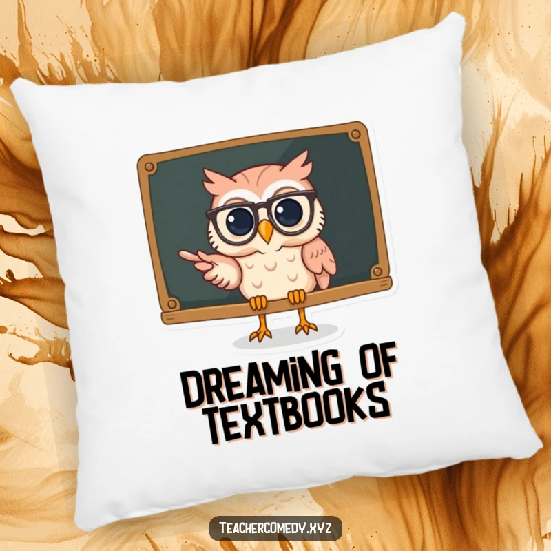 Funny owl pillow with a charming owl in spectacles pointing at a chalkboard, adding comfort and a humorous touch.