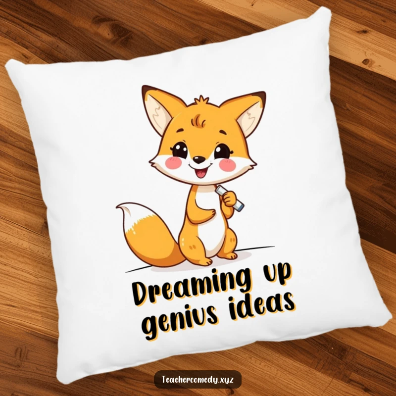 Funny kawaii fox writing on a whiteboard with chalk, bringing a cozy and humorous vibe to any living space, a delightful pillow.