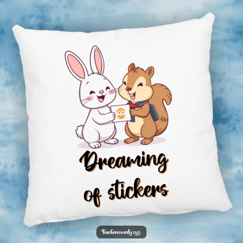 Funny pillow showcasing a cheerful bunny giving a sticker reward to a proud student squirrel, offering comfort and a humorous decorative touch.