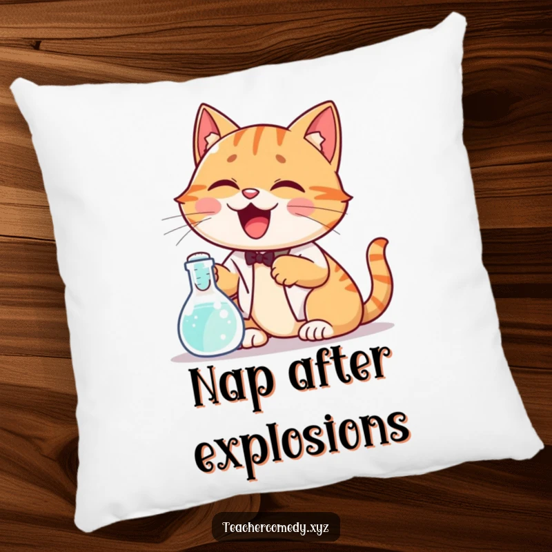 Funny pillow showcasing a giggling cat demonstrating a science experiment with a bubbling beaker, offering comfort and a humorous decorative accent.