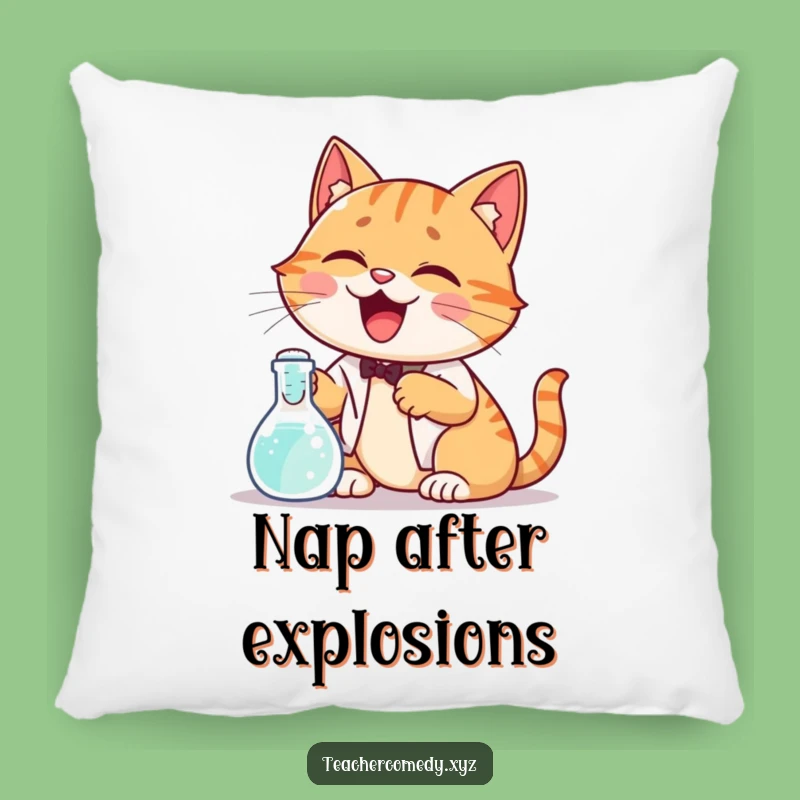 Funny Cat Science Pillow: Cozy & Curious, Giggling Cat, Bubbling Beaker, Humorous Accent