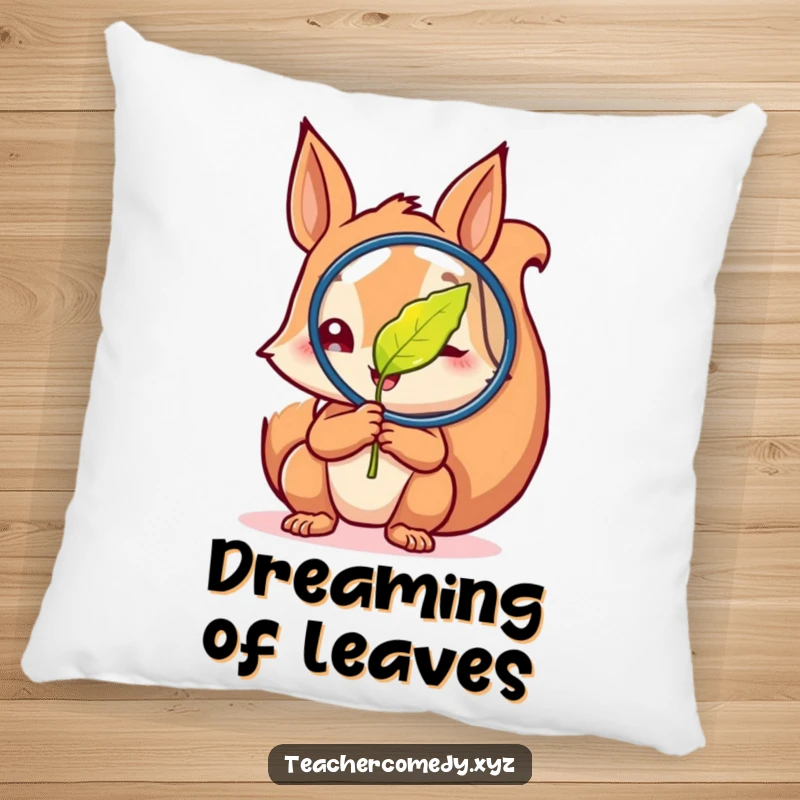 Funny pillow featuring a curious squirrel examining a magnified leaf with glee, offering comfort and a humorous symbol of scientific interest.