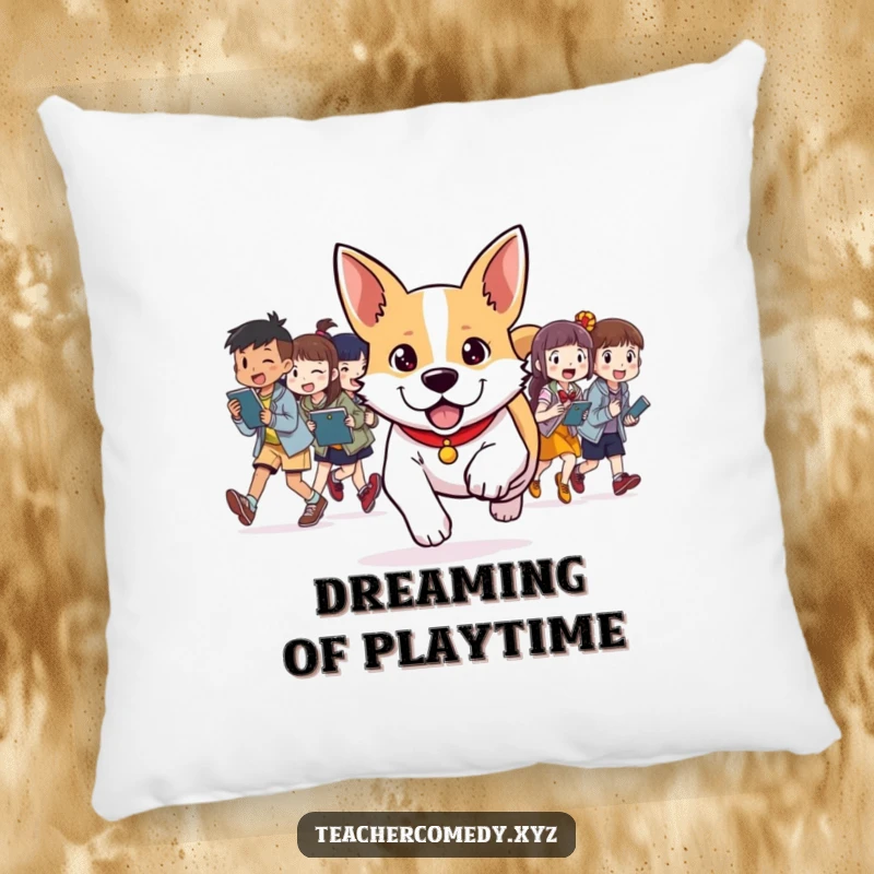 Funny pillow featuring a determined dog leading students in a fun activity, providing comfort and a hint of humorous leadership.