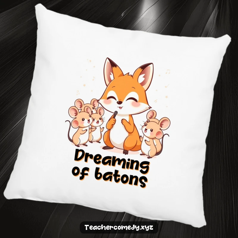 Funny pillow displaying a clever fox conducting a lively choir of small, cheerful singing mice, adding humor to any room.