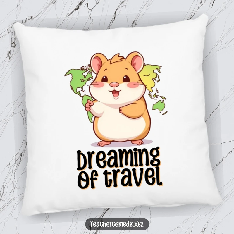 Funny Hamster Pillow: A playful hamster points to a world map, a soft and cute cushion that inspires dreams of travel and adventure.