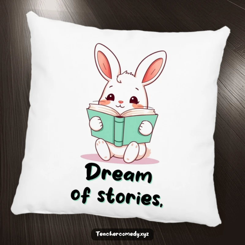 Funny kawaii rabbit holding a stack of open books, a soft and comfortable pillow with a humorous and literary design.