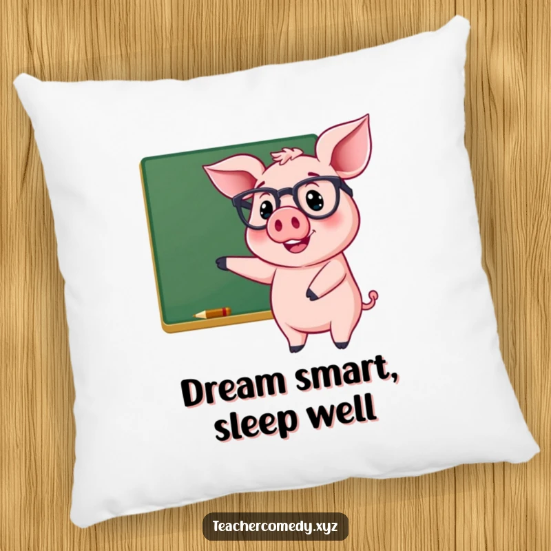Funny pillow with a cheerful pig wearing glasses, smiling and pointing at a chalkboard, a comfortable and humorous decor piece.