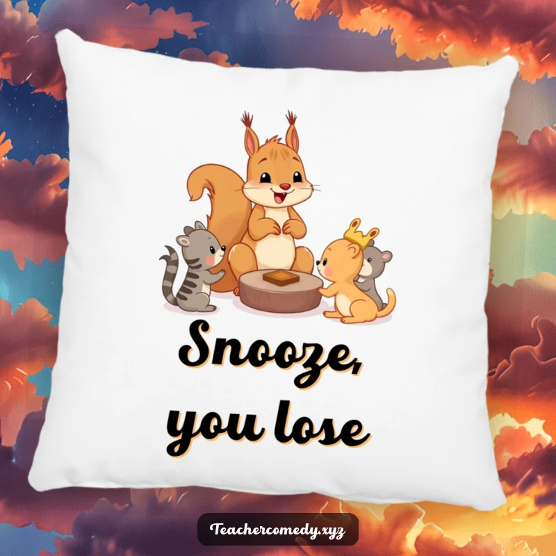 Funny squirrel pillow with a cheerful squirrel teaching younger animals a game, offering comfort and a humorous depiction of play.