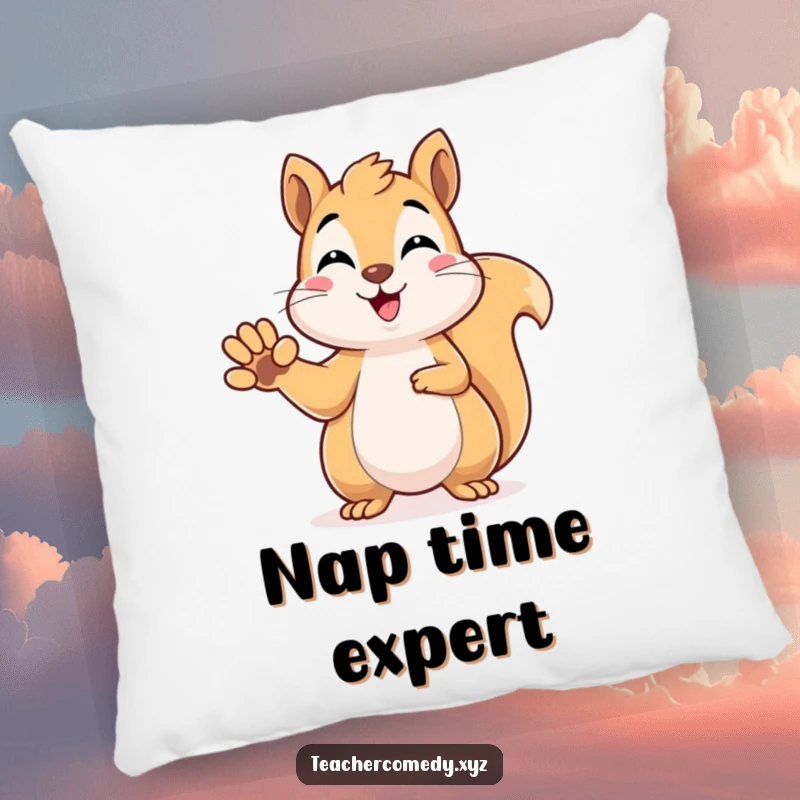 Funny kawaii squirrel raising its paw to answer, perfect for adding cozy and humorous intellectual vibes to any room, a delightful pillow.