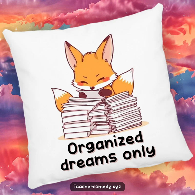 Funny fox pillow with a determined fox organizing papers, offering comfort and a humorous symbol of meticulousness.