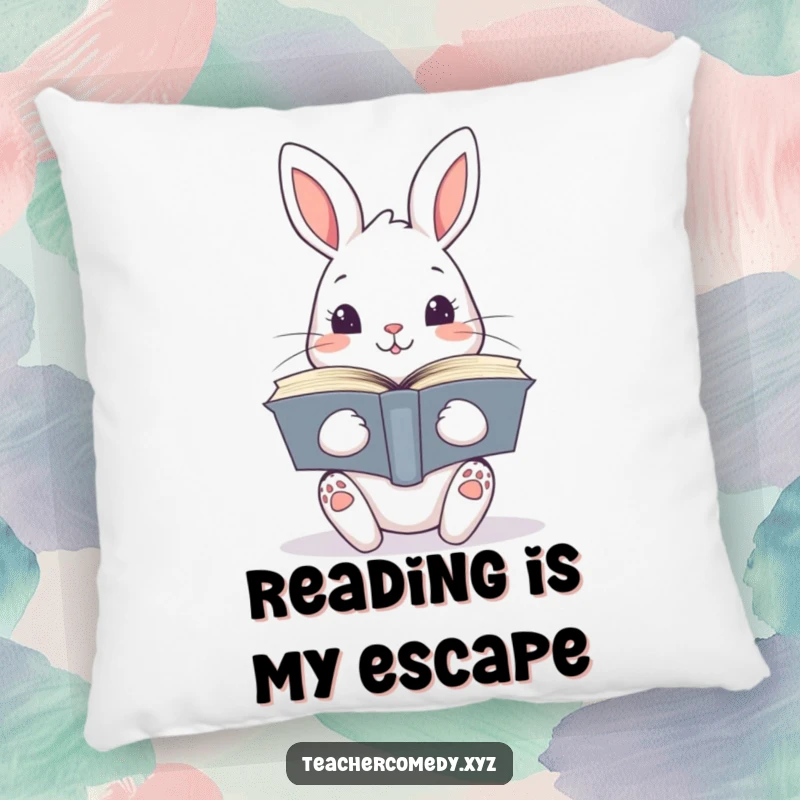 Funny kawaii rabbit with a stack of open books, perfect for adding cozy and humorous literary vibes to any room, a delightful pillow.
