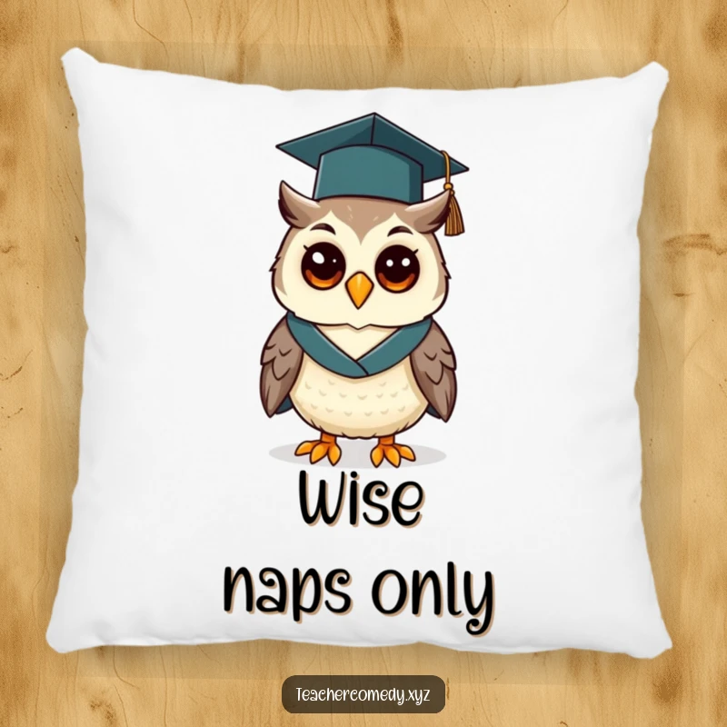 Funny pillow featuring a cheerful owl wearing a graduation cap and gown, adding cozy academic humor to any room.