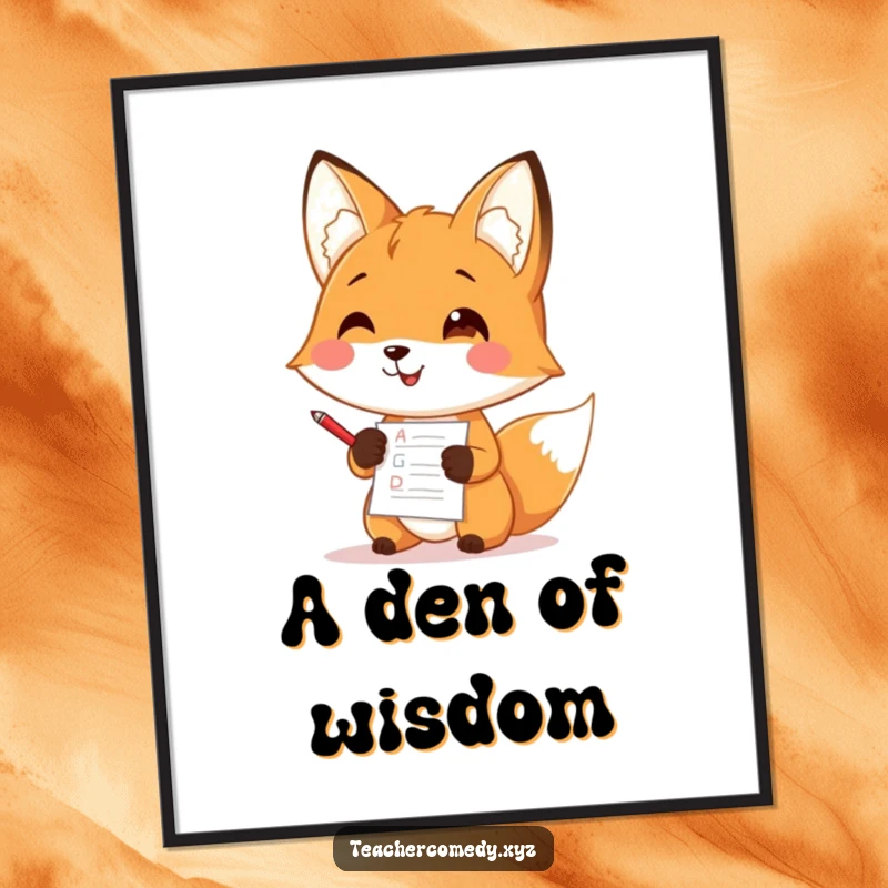 Funny digital art print of a cheerful fox character grading papers with a tiny red pen, ideal for wall decor.