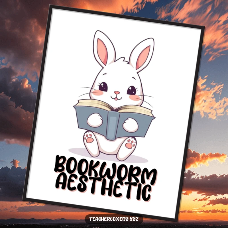 Funny kawaii rabbit holding a tall stack of open books, a high-resolution digital art print for instant, humorous book lover decor.