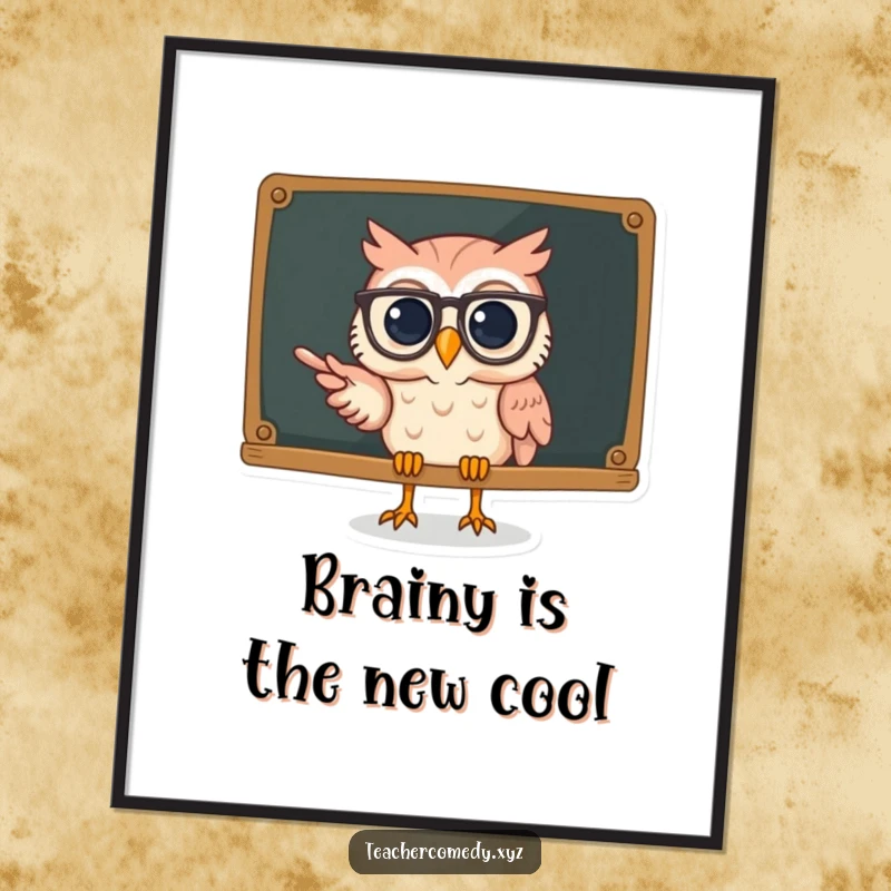 Funny owl digital art print shows a wise owl wearing spectacles pointing at a chalkboard, radiating intelligence and humor.