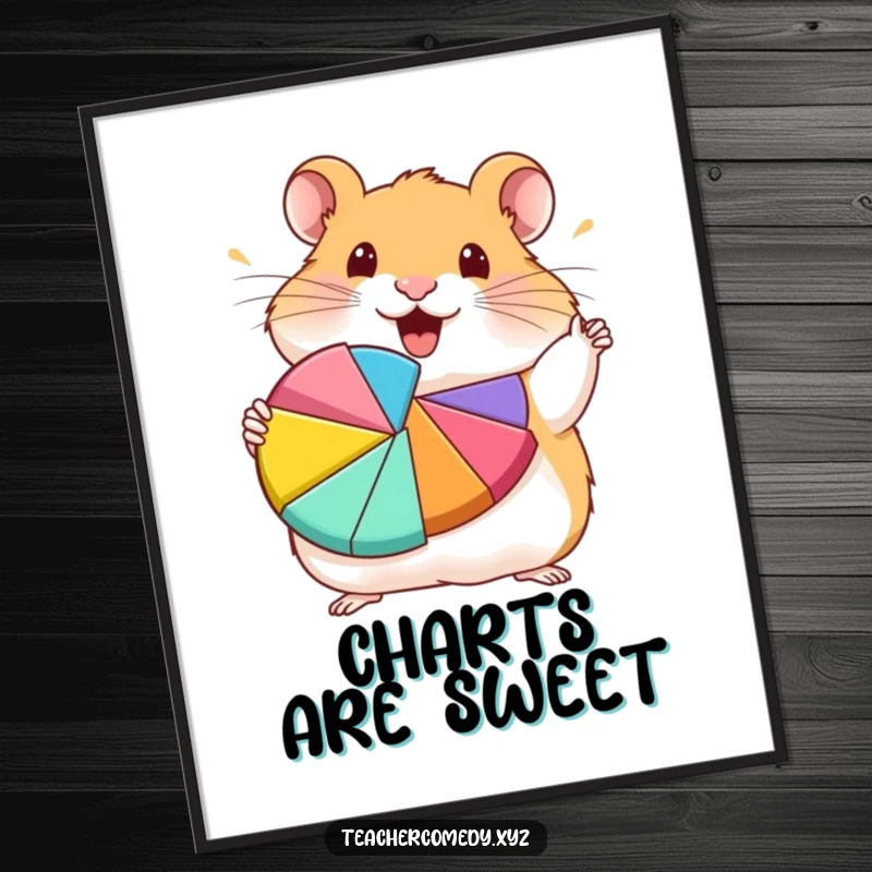 Funny hamster character enthusiastically presenting a colorful pie chart, digital download funny art print.