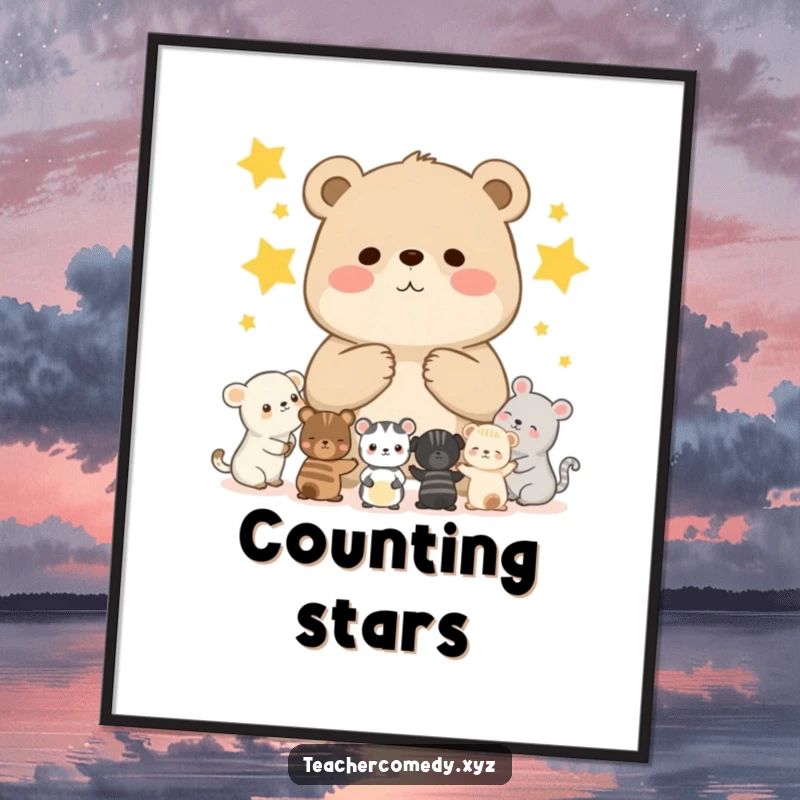 Funny digital art print of a chubby bear cub teaching smaller animals to count stars, creating a heartwarming and educational scene.