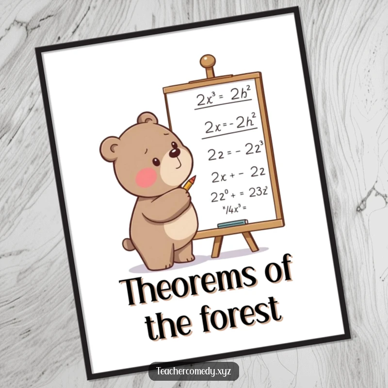 Funny digital art print of a determined bear intensely writing equations on a whiteboard, perfect for printable wall decor and study spaces.
