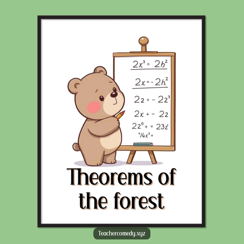 Funny Bear Math Digital Art: Determined Bear Solves Equations, Printable Wall Decor