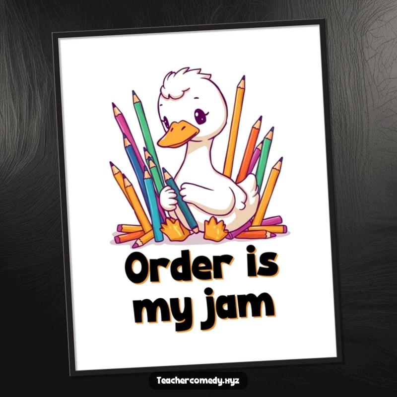 Funny digital art print of a focused goose meticulously organizing colorful pencils, perfect for humorous wall decor.