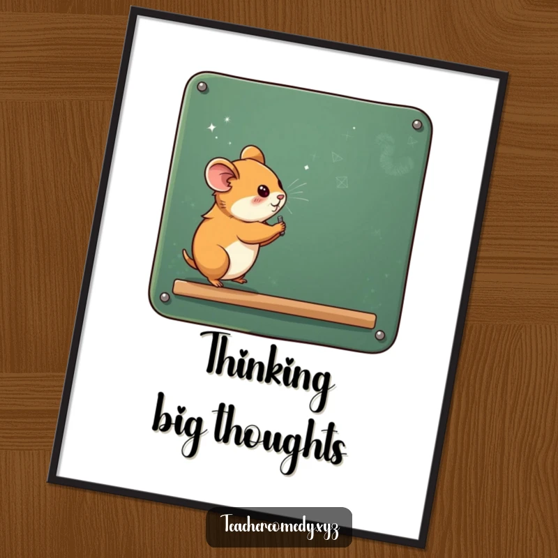 Funny curious hamster writing on a giant chalkboard, chalk dust flying, as a high-resolution digital art print for instant wall decor.