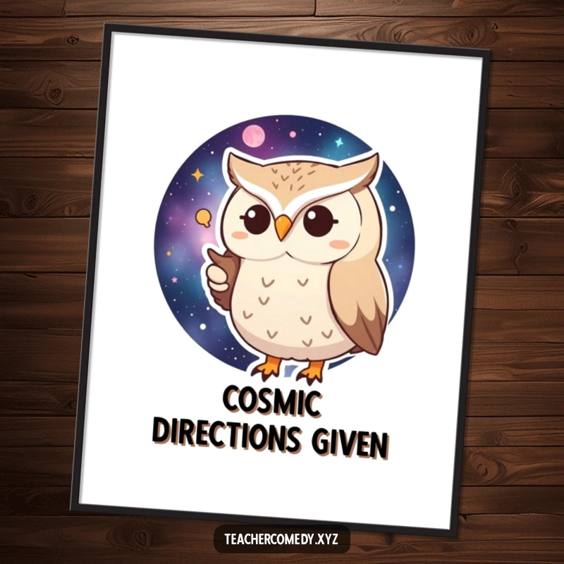 Funny Huffy Owl Digital Art Print: A grumpy owl points at a galaxy map, bringing cosmic humor.