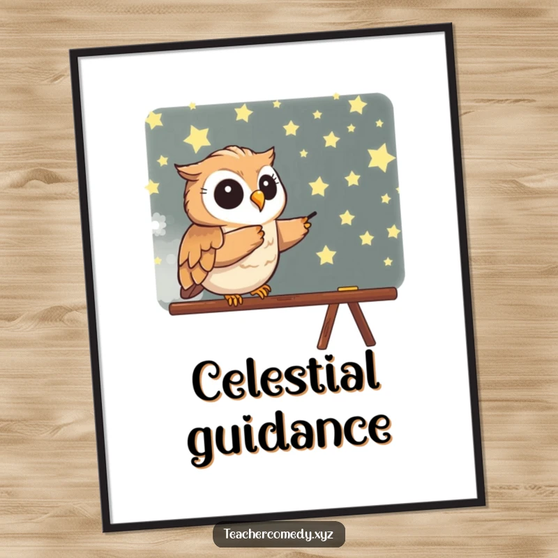 Funny digital art print of a wise owl energetically pointing at a blackboard covered in stars, symbolizing knowledge and inspiration.
