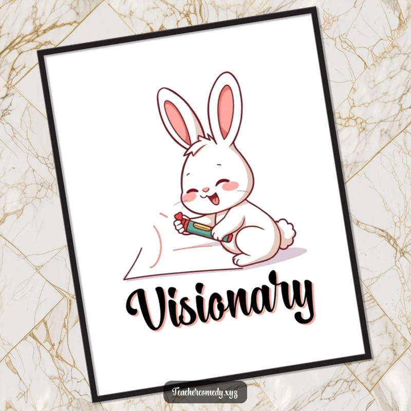 Funny rabbit artist digital art print, depicting a giggling rabbit drawing on a giant piece of paper with a crayon, instant download.