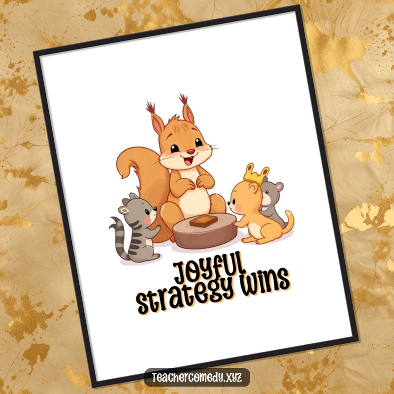 Funny squirrel digital art print of a cheerful squirrel teaching younger animals a game, ideal for playful and humorous decor.