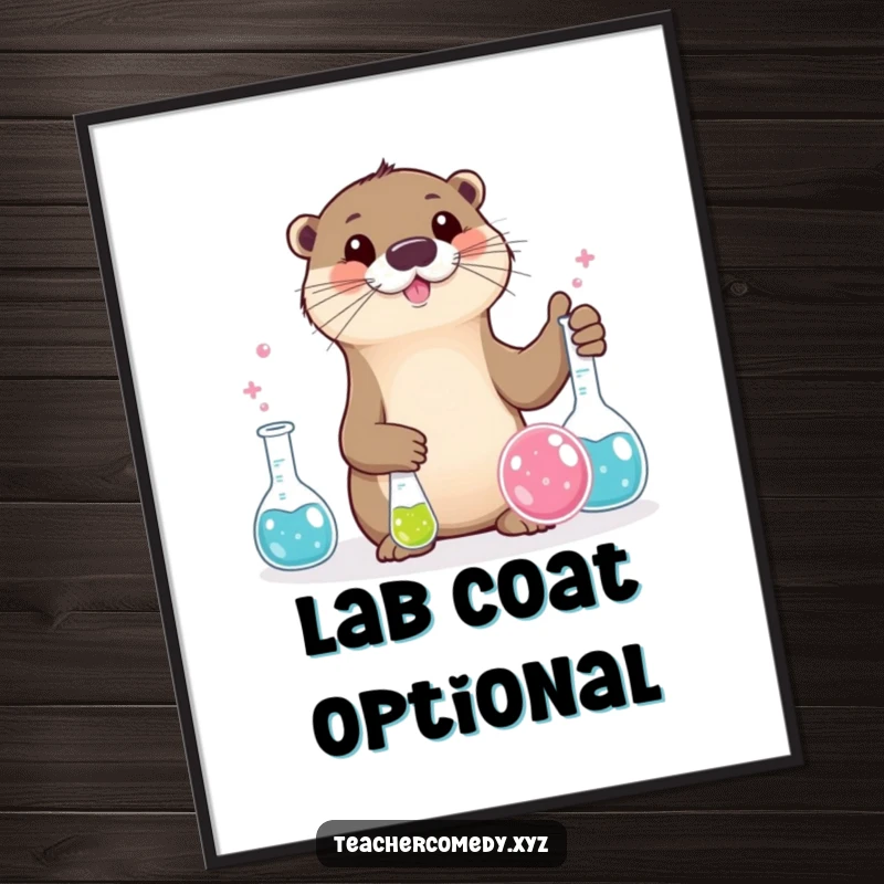 Funny otter character conducting a science experiment with bubbling beakers, digital download funny art print.