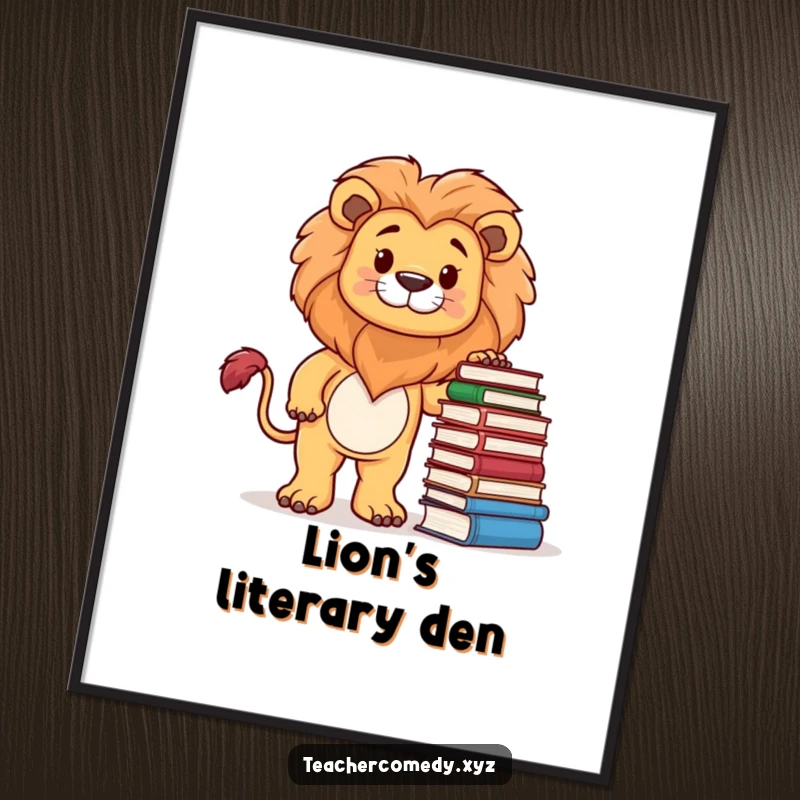 Funny digital art print of a proud lion character standing by a stack of books, a humorous and inspiring depiction of wisdom.