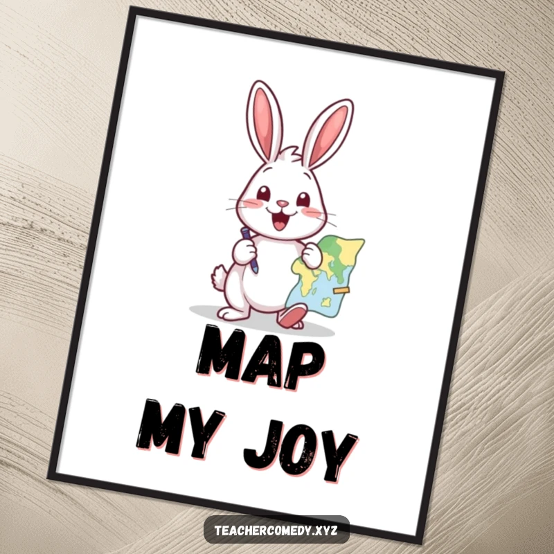 Funny digital art print of a cheerful rabbit excitedly pointing at a map with a pointer, ready for humorous adventures.